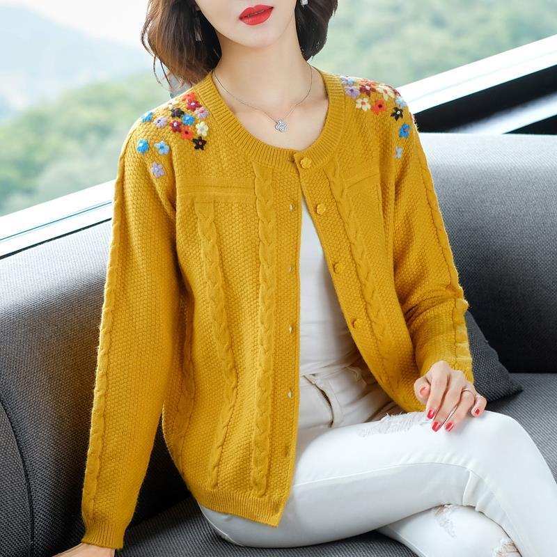 Christmas Gift Autumn Embroidery Sweater Cardigans Women Solid O-neck Casual Sweater Single Breasted Spring Loose Korean style Sweater - Deanwangkt