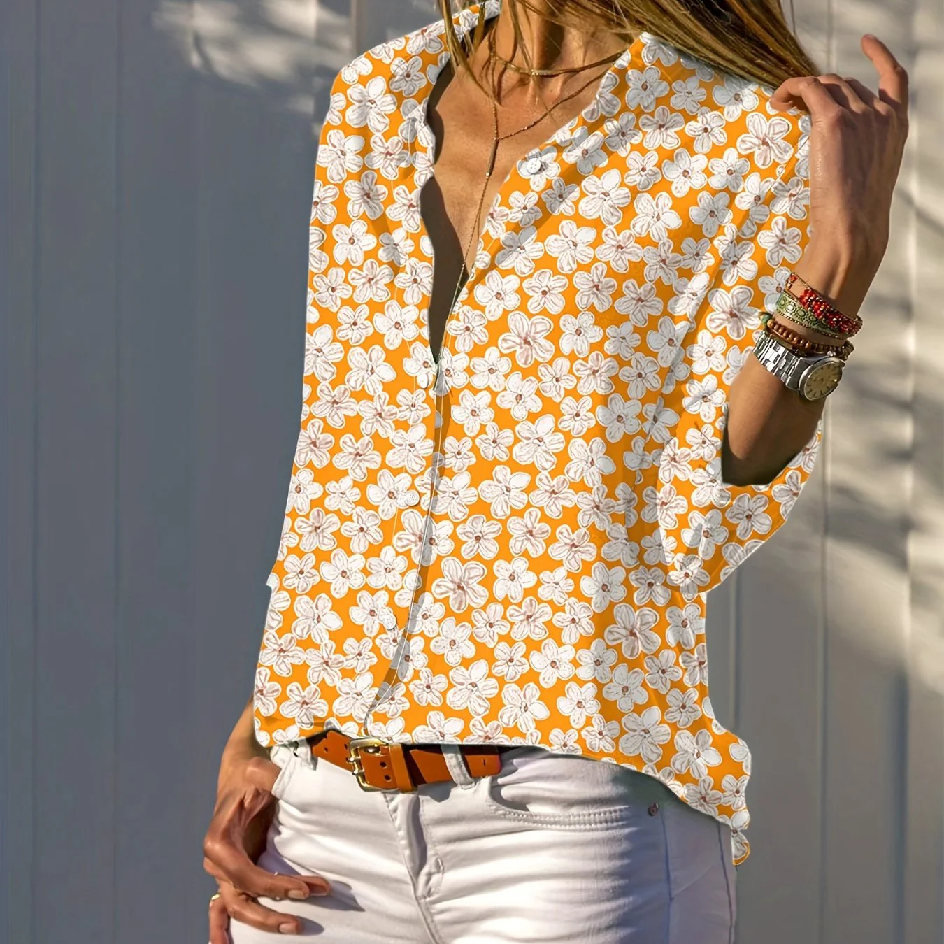 Floral Print Button Front Shirt, Casual Long Sleeve Shirt For Spring & Fall, Women's Clothing - Deanwangkt