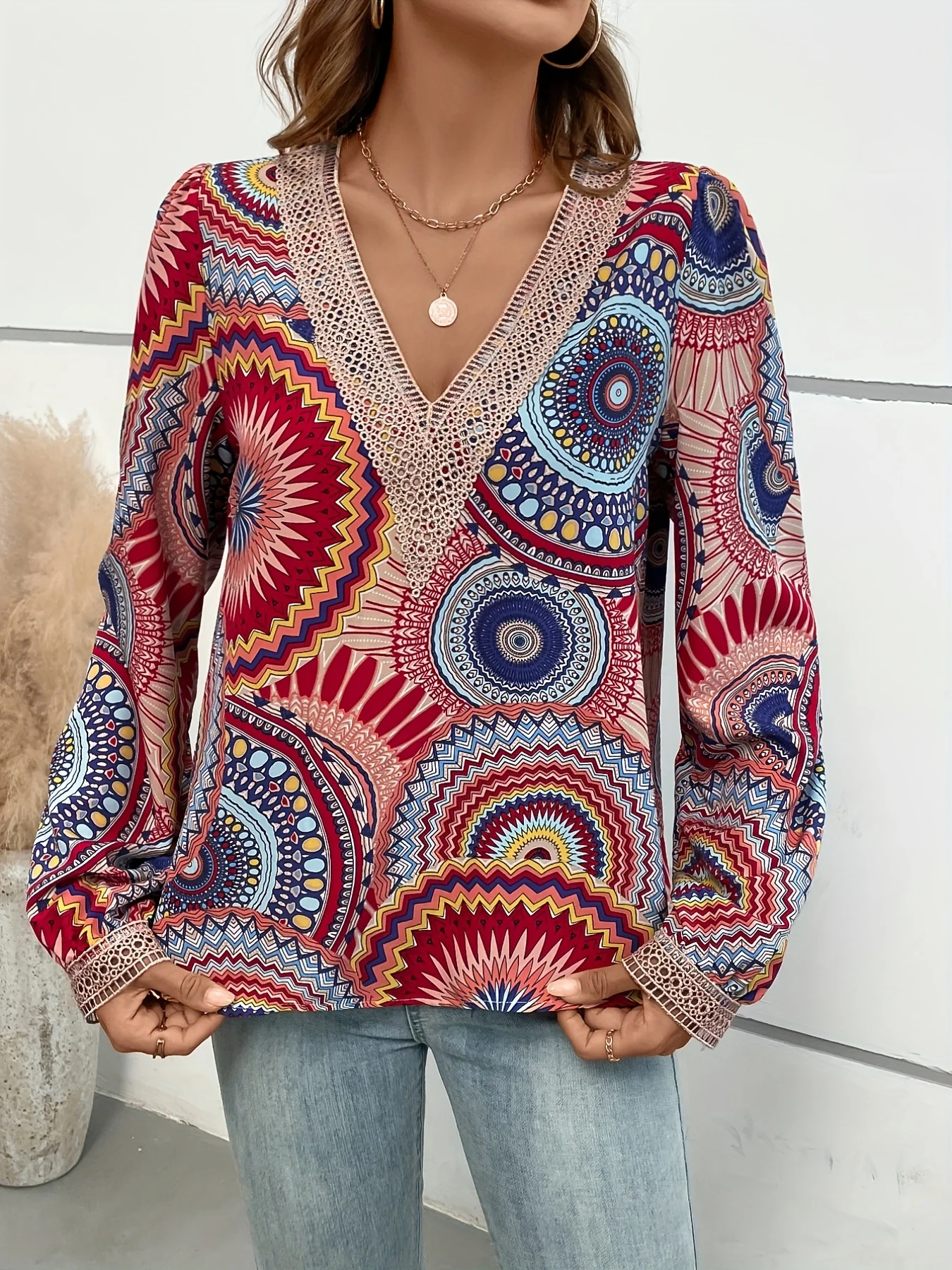 Mandala Floral Print Blouse, Boho Guipure Lace V Neck Long Sleeve Blouse, Women's Clothing - Deanwangkt