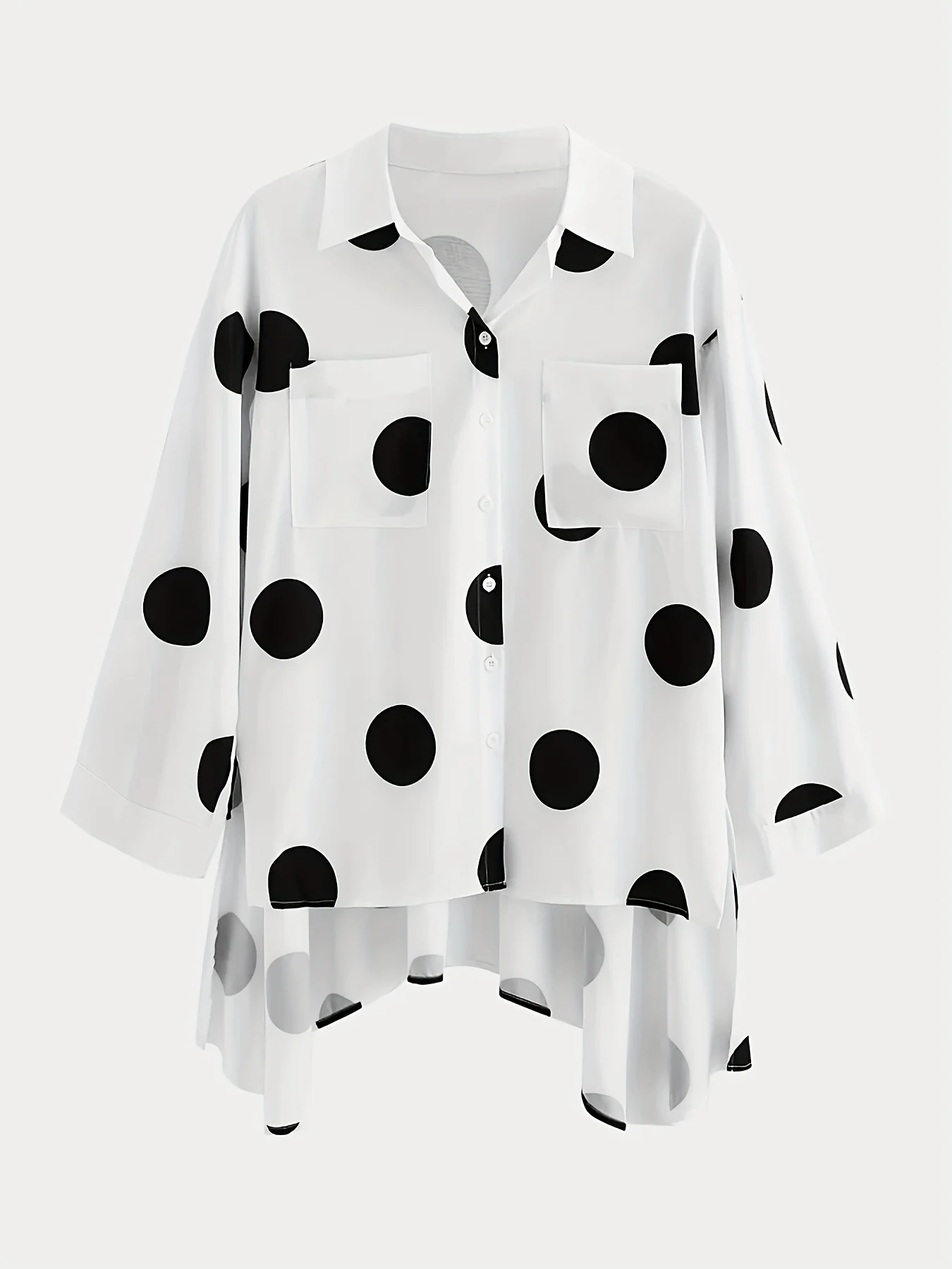 Polka Dot Print Dipped Hem Blouse, Casual Button Front Long Sleeve Blouse, Women's Clothing - Deanwangkt