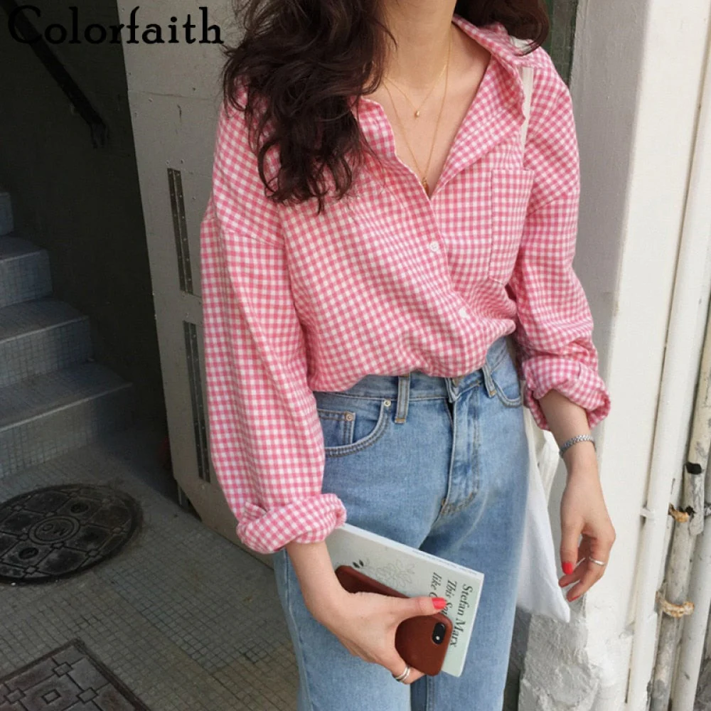 Christmas Gift  New Deanwangkt Women Spring Summer Blouse Shirts Plaid Fashionable Checkered Oversize Buttons Wild Sweet Pink Tops BL1023 - Deanwangkt