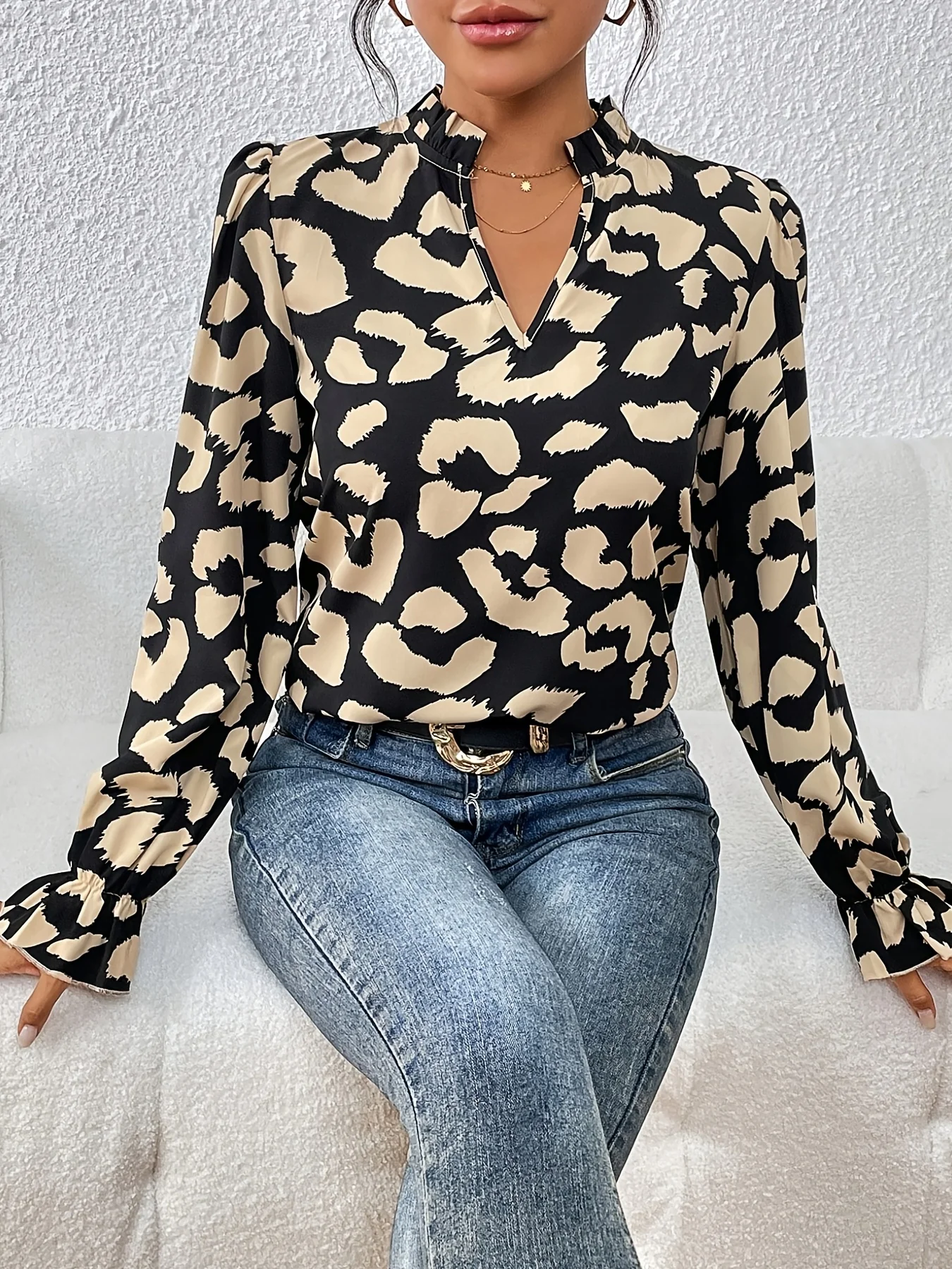 Allover Print Notched Neck Blouse, Casual Flounce Sleeve Blouse For Spring & Fall, Women's Clothing - Deanwangkt