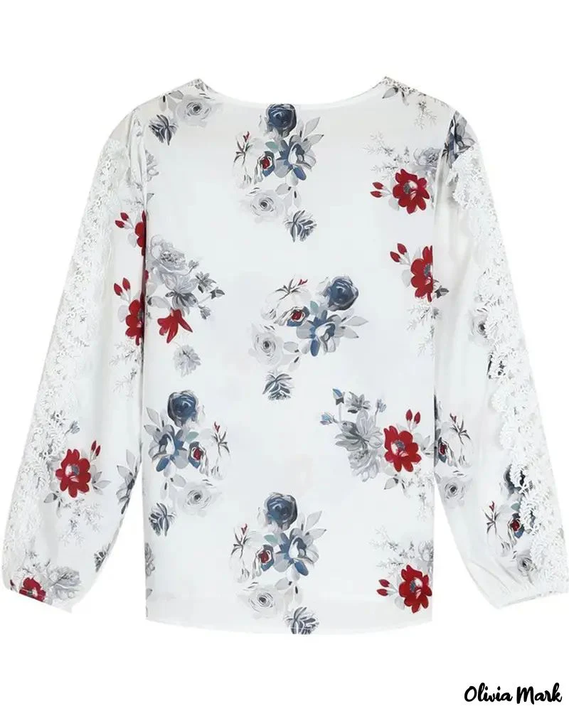 Deanwangkt - Floral Print V-Neck Lace Patch Top - Deanwangkt