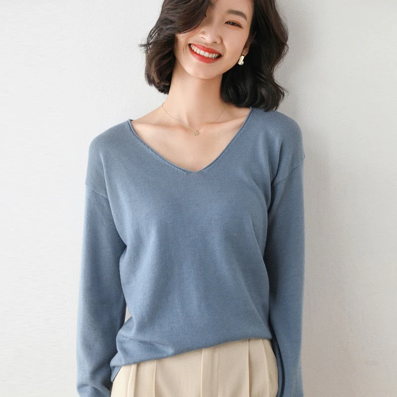Christmas Gift Deanwangkt Autumn Winter Thin Sweater Women Knitted Sweater Fashion Crew-V-neck  Ladies Winter Sweater Korean College Style - Deanwangkt