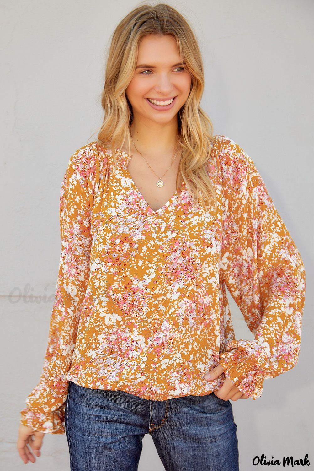 Deanwangkt - Yellow Floral Split V-Neck Blouse - Deanwangkt