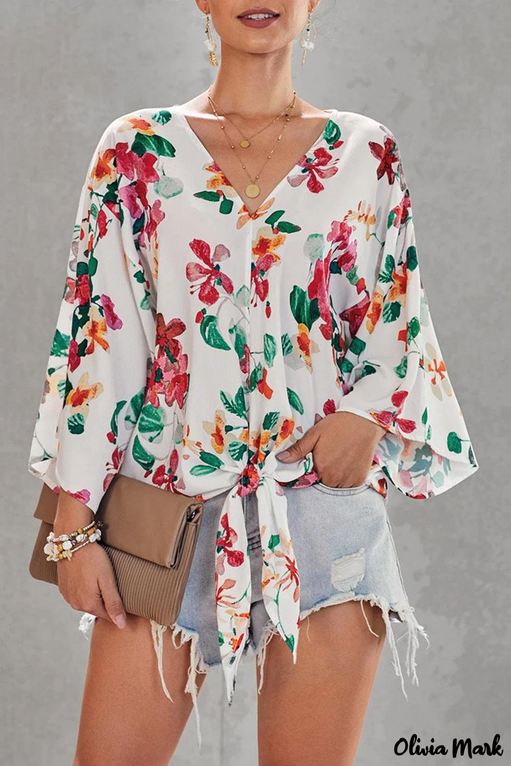Deanwangkt - Multicolor Floral Print Deep V-Neck Tie Front Blouse - Deanwangkt