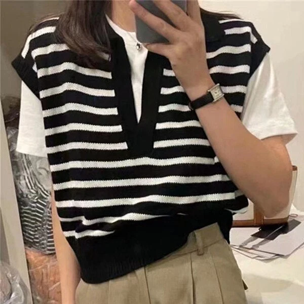 Christmas Gift Deanwangkt New Spring Autumn Women Sweaters Pullovers Striped Sleeveless Knitted POLO Collar Wild Short Vests SWV3092JX - Deanwangkt