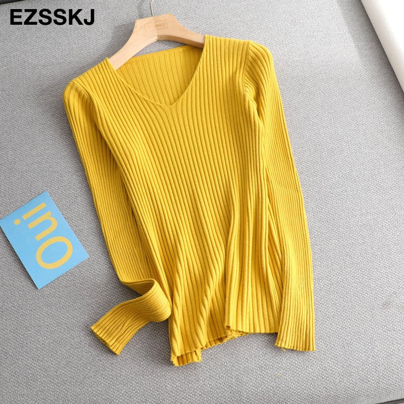Christmas Gift Deanwangkt basic v-neck solid autumn winter Sweater Pullover Women Female Knitted sweater slim long sleeve badycon sweater cheap - Deanwangkt