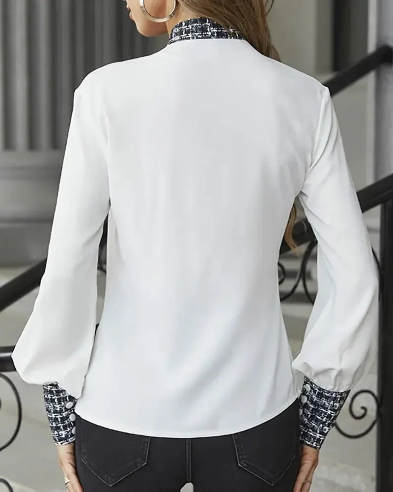 Deanwangkt - Plaid Tie-Neck Lantern Sleeve Top - Deanwangkt