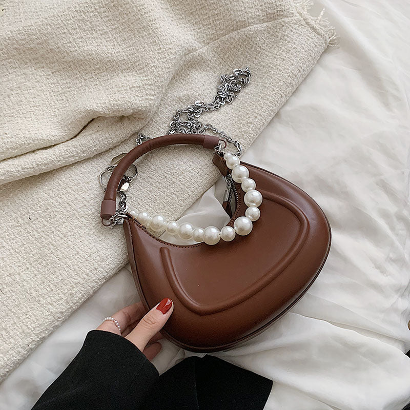 Back To College Deanwangkt Kawaii Tote PU Leather Half Moon Armpit Bag With Pearl Short Handle Women's Designer Handbag Luxury Shoulder Crossbody Bag - Deanwangkt