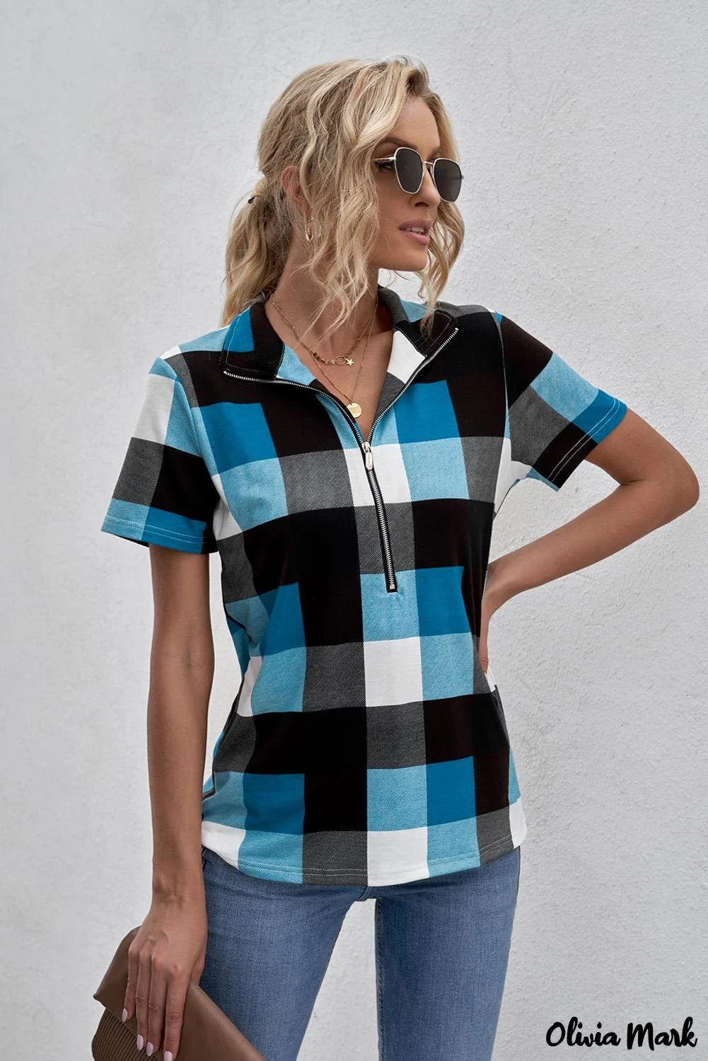 Deanwangkt - Blue Checked Zip V-Neck Short Sleeve Blouse - Deanwangkt