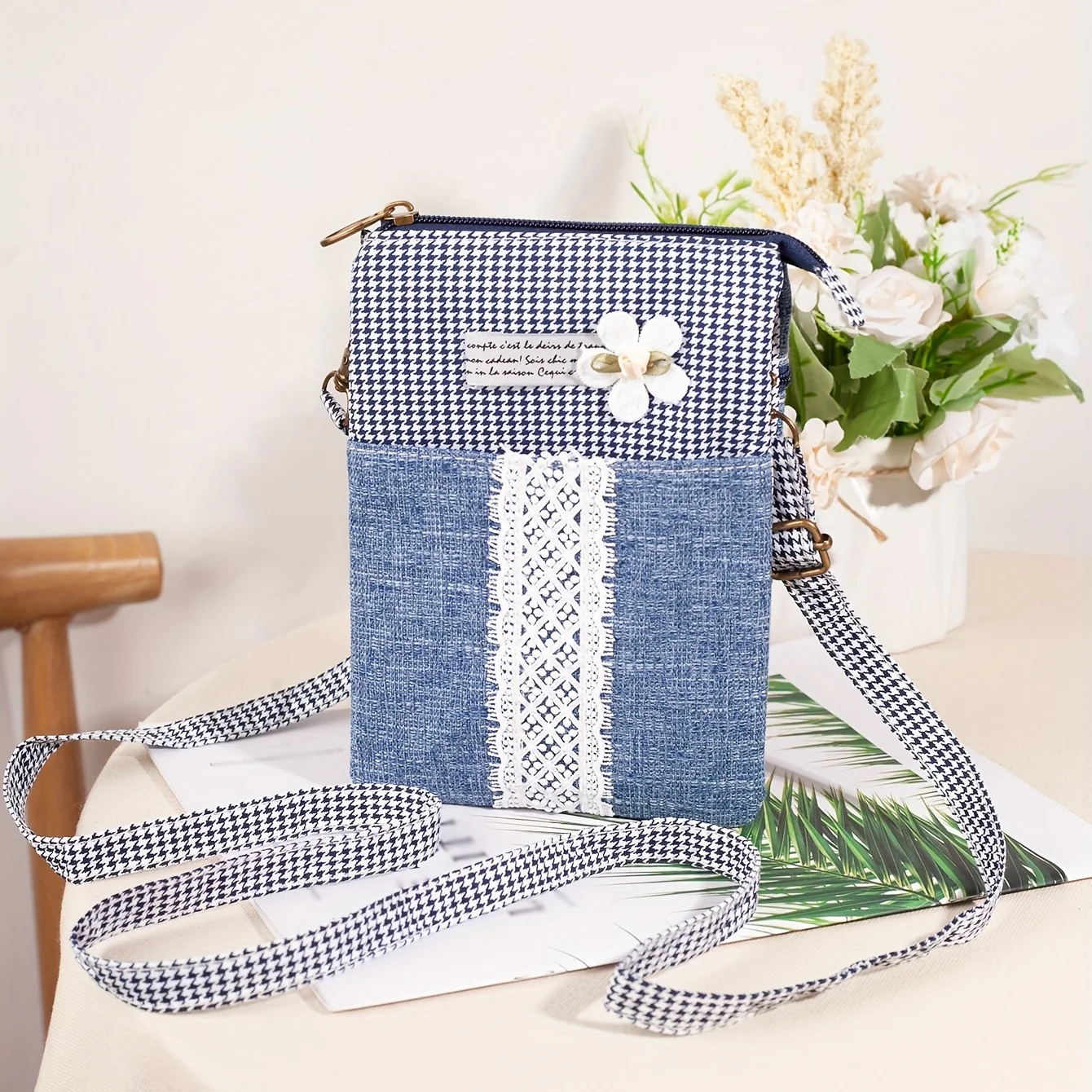 Casual Flower Pattern Square Bag, Zipper Crossbody Bag, All-Match Phone Storage Bag - Deanwangkt