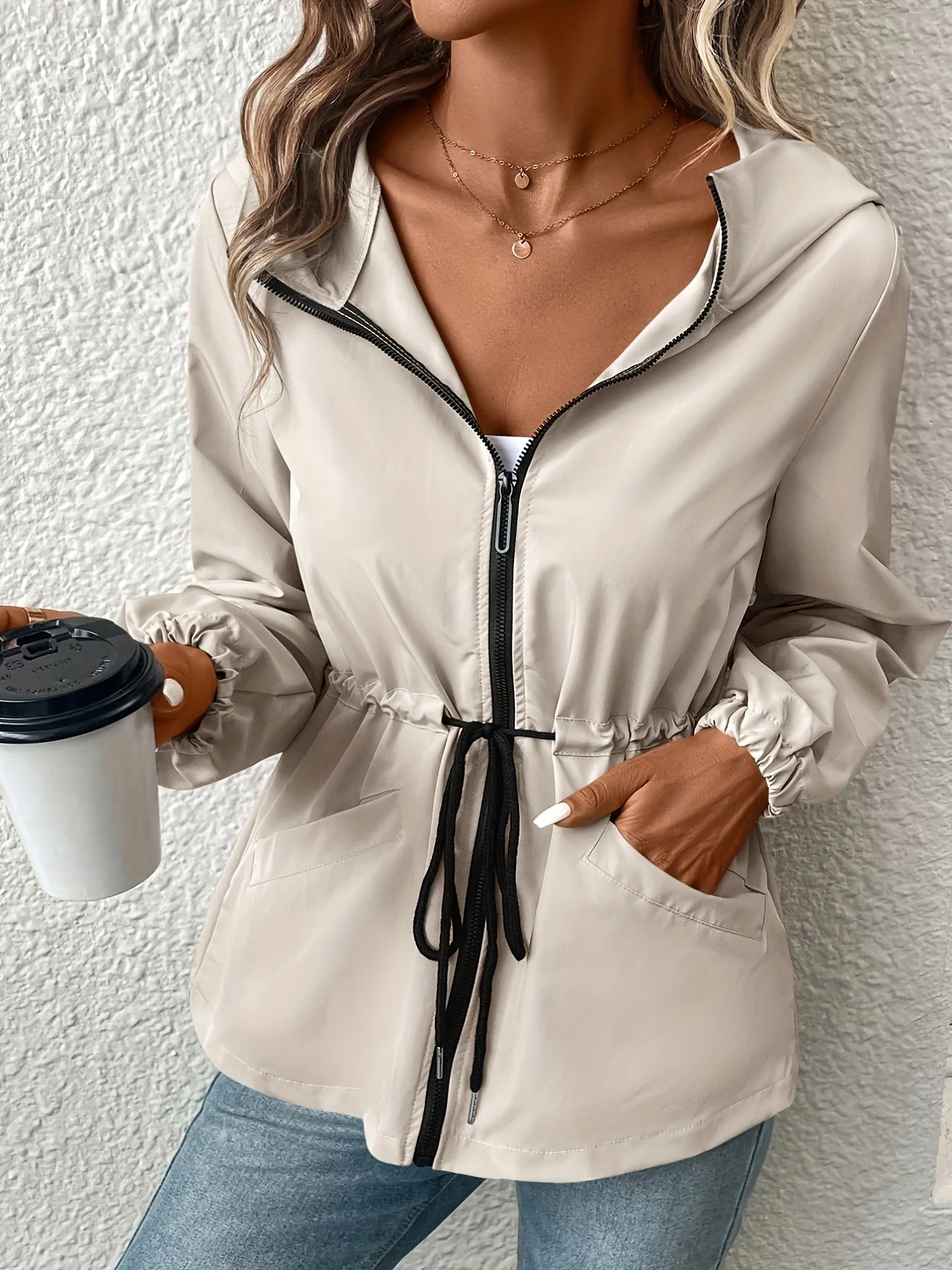 deanwangkt-1 Solid Drawstring Windproof Jacket, Casual Long Sleeve Hooded Zip Up Outerwear With Pockets, Women's Clothing - Deanwangkt