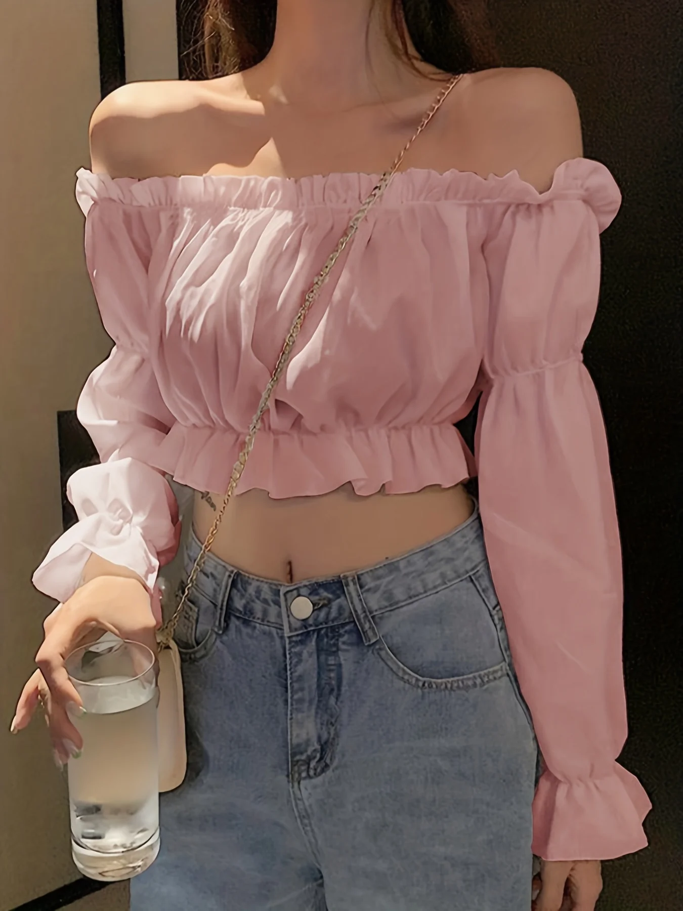 Off Shoulder Ruffle Trim Blouse, Long Sleeve Casual Crop Top, Women's Clothing - Deanwangkt