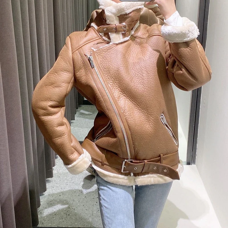 Black Friday Sales Women Winter Warm Thick Windproof Motorcycle Coat With Belt Brown Suede Jacket Faux Lamb Leather Jacket Outwear - Deanwangkt