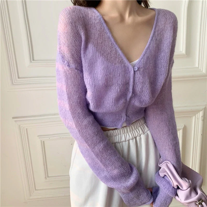 Back To School outfits Y2KV-Neck Soft Sweater Cardigan Jacket Thin Female Deanwangkt New Spring And Autumn Cashmere Mohair Short Slim Long Sleeve Jacket - Deanwangkt