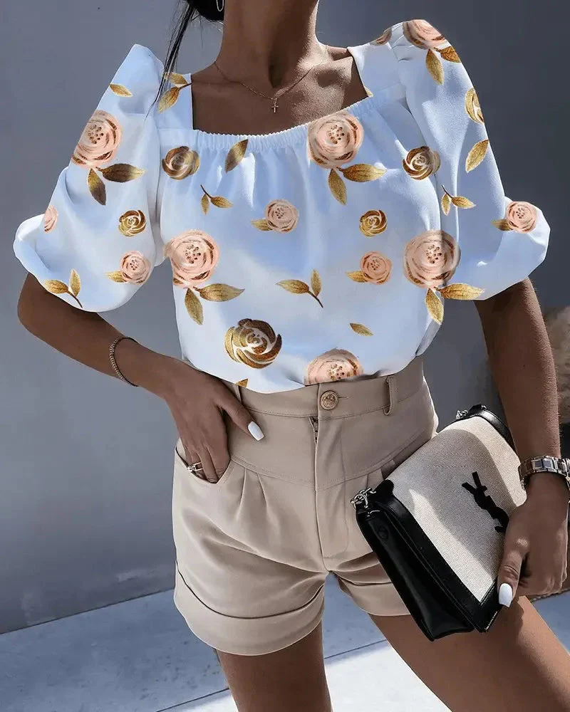 Deanwangkt - Floral Print Puff Sleeve Tie Back Blouse - Deanwangkt