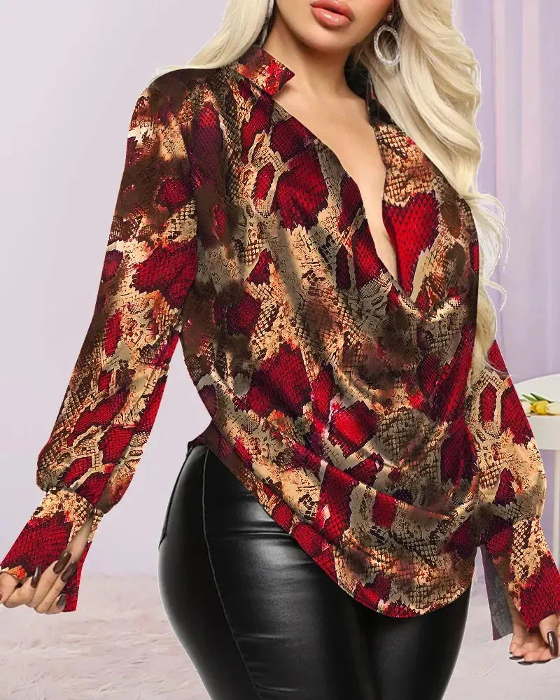 Deanwangkt - Snakeskin Print Cowl Neck Long Sleeve Top - Deanwangkt