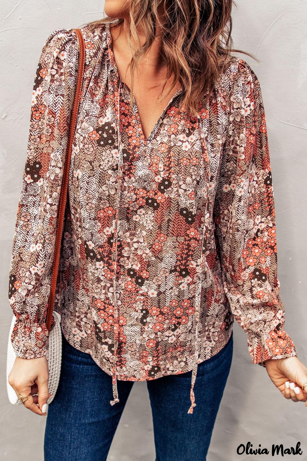 Deanwangkt - Multicolor Floral Print Drawstring Long Sleeve Blouse - Deanwangkt
