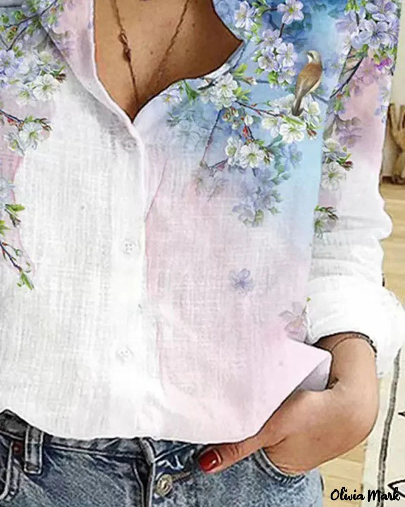 Deanwangkt - Floral Bird Print Long Sleeve Button Down Shirt - Deanwangkt
