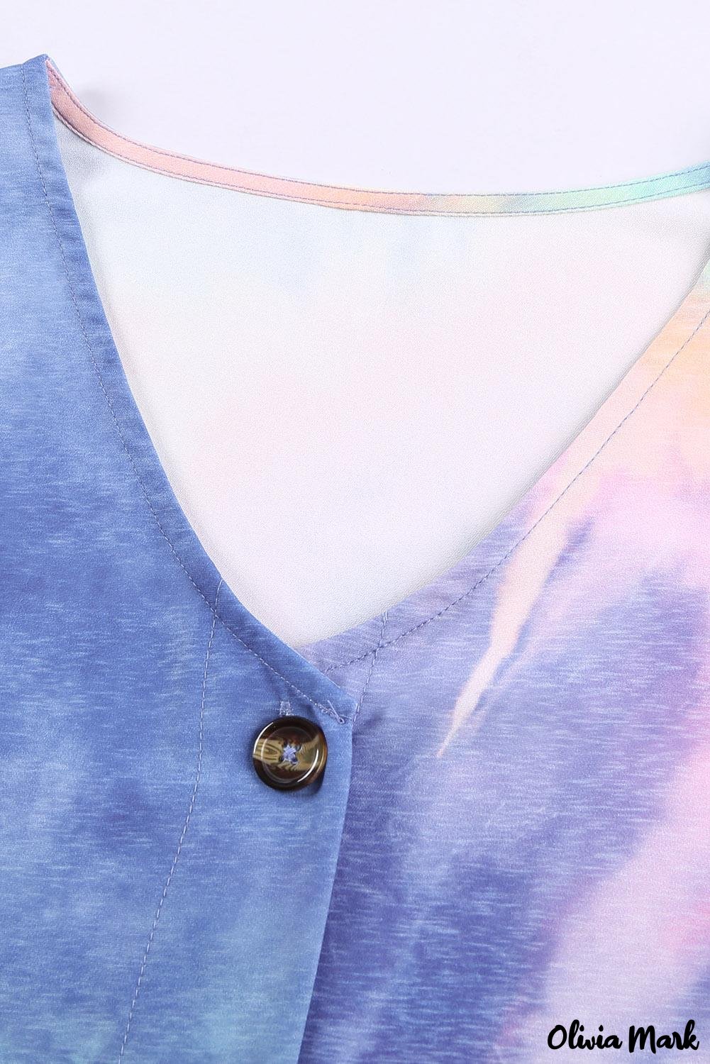 Deanwangkt - Blue Tie-Dye Long Sleeve V-Neck Blouse With Button Closure - Deanwangkt