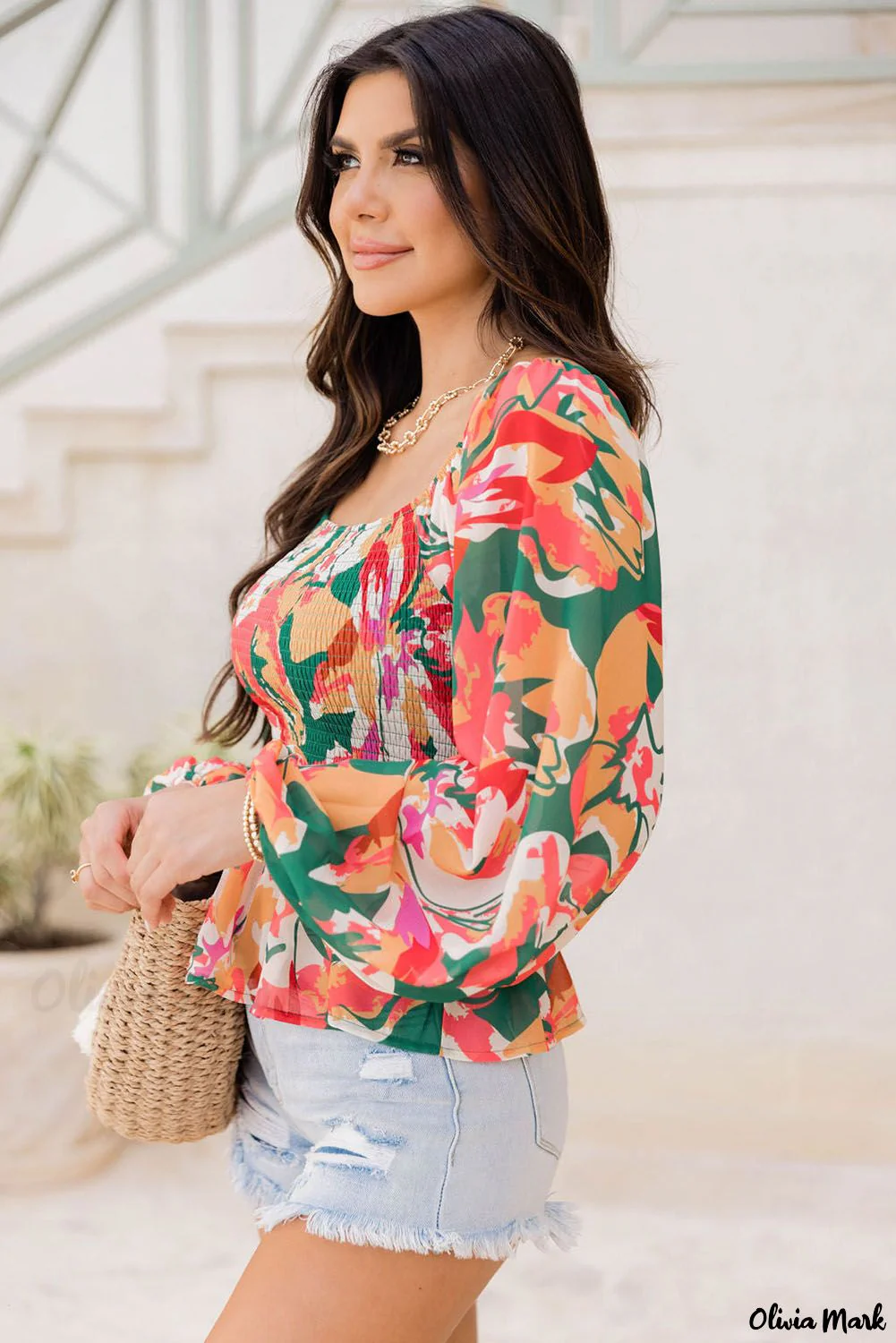 Deanwangkt - Abstract Floral Print Long Sleeve Peplum Blouse - Deanwangkt