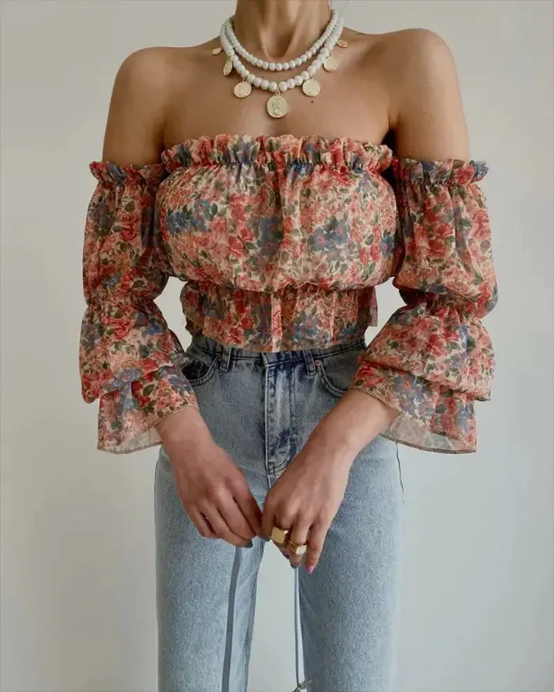 Deanwangkt - Bell Sleeve Chiffon Off The Shoulder Floral Print Top - Deanwangkt
