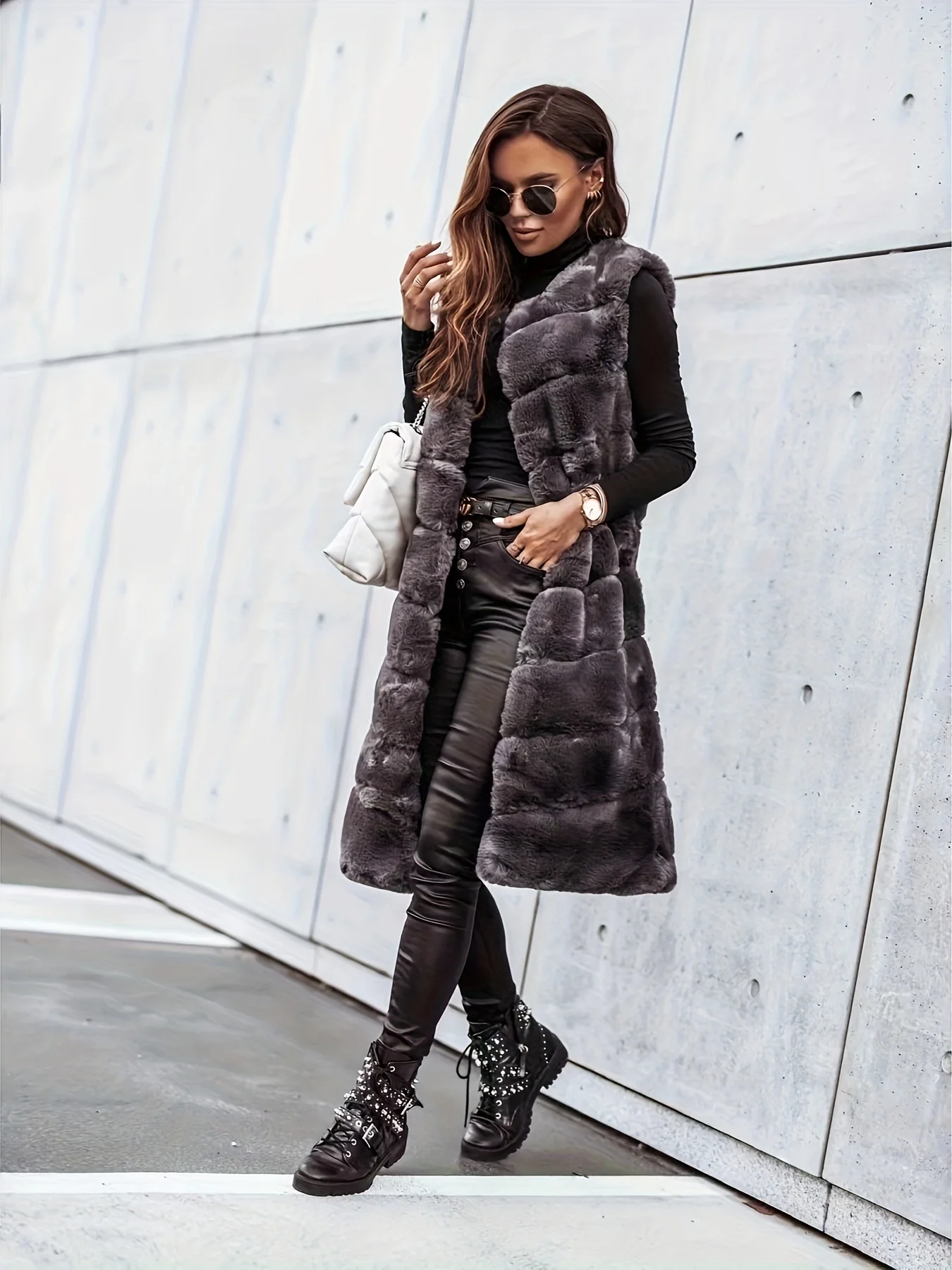Fuzzy Long Length Warm Vest, Casual Open Front Sleeveless Winter Vest, Women's Clothing - Deanwangkt