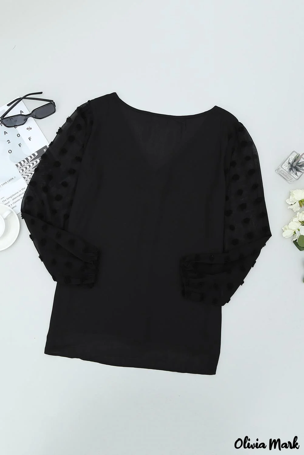 Deanwangkt - Black Polka Dot V-Neck Long Sleeve Blouse - Deanwangkt