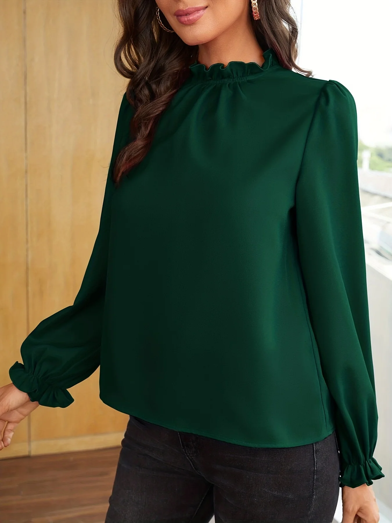 Solid Keyhole Blouse, Casual Lettuce Trim Long Sleeve Simple Blouse, Women's Clothing - Deanwangkt