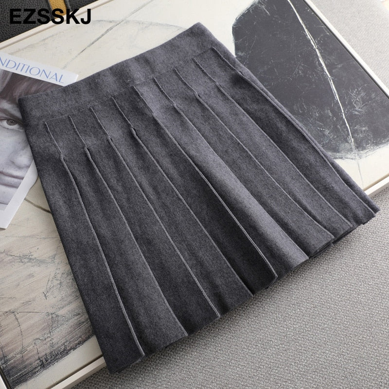 Christmas Gift Deanwangkt Autumn winter a-line thick short SWEATER Skirt Women  good quality cute pleated mini skirt female elegant  knit skirt - Deanwangkt