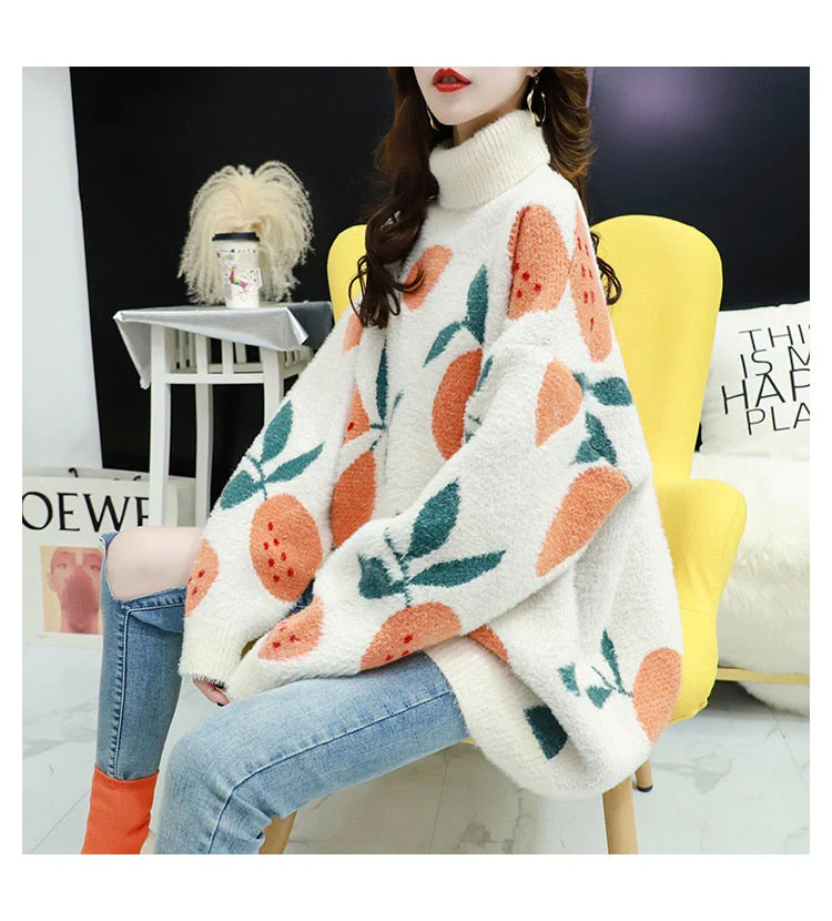Black Friday Sales Knit Plush Sweater Women Loose Turtleneck Female Pullovers Cute Fruit Printed Woman Sweater Winter Soft Sweet Thick Pullovers - Deanwangkt