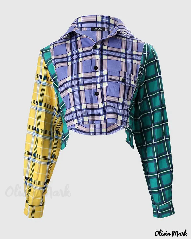 Deanwangkt - Color Block Check Print Long Sleeve Crop Top - Deanwangkt