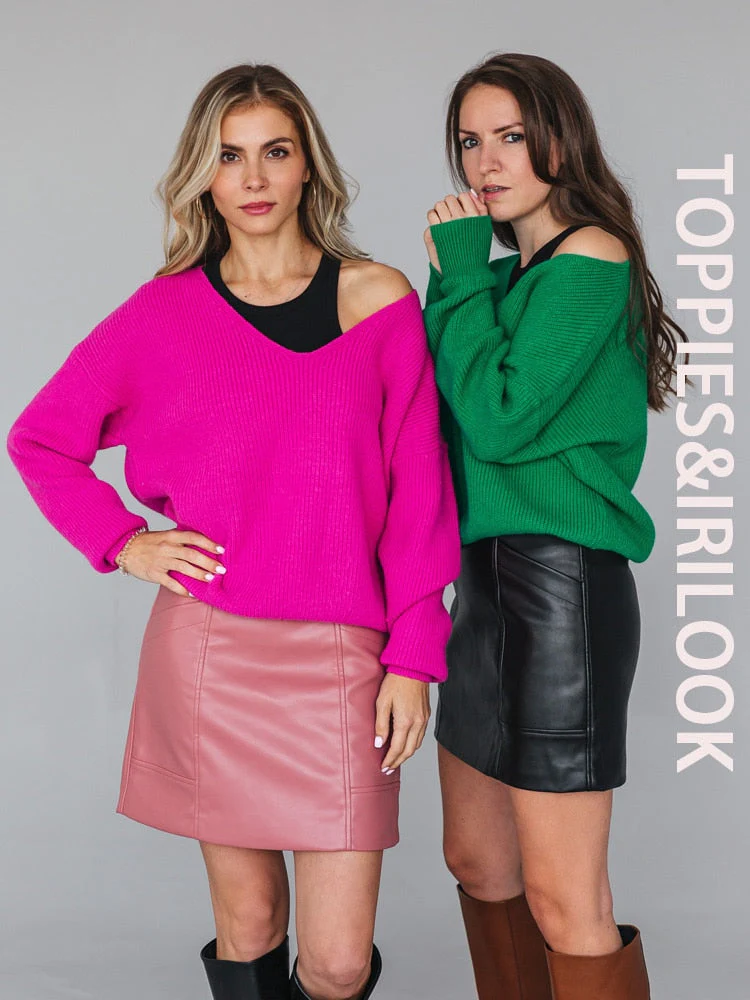 Christmas Gift Deanwangkt Sexy Deep v-neck Sweater Off Shoulder Sweater Green White Knitted Tops Korean Winter Clothes - Deanwangkt