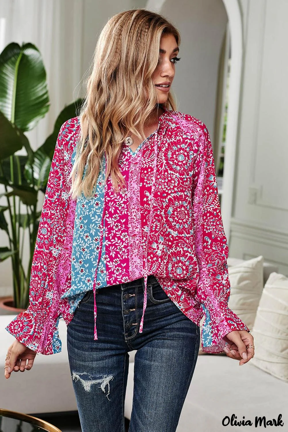 Deanwangkt - Pink Printed Split Collar Blouse - Deanwangkt