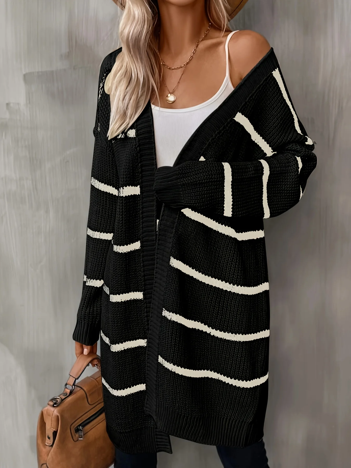 deanwangkt-1  Striped Open Front Drop Shoulder Cardigan, Casual Long Sleeve Cardigan For Fall & Winter, Women's Clothing - Deanwangkt