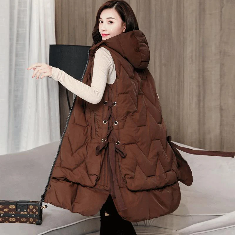 Christmas Gift Deanwangkt Autumn and Winter Korean Mid-length Down Cotton Vest Women's Fashion Hooded Over-the-knee Long Vest Warm Cotton Waistcoat - Deanwangkt