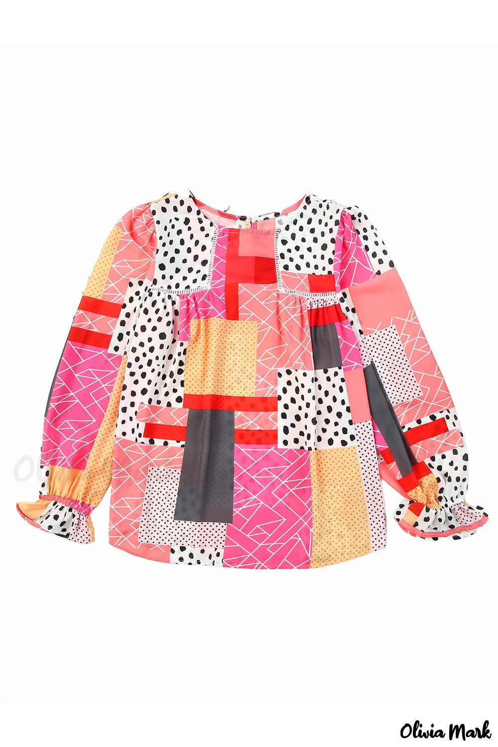 Deanwangkt - Multicolor Polka Dot Geometric Patchwork Long Sleeve Blouse - Deanwangkt