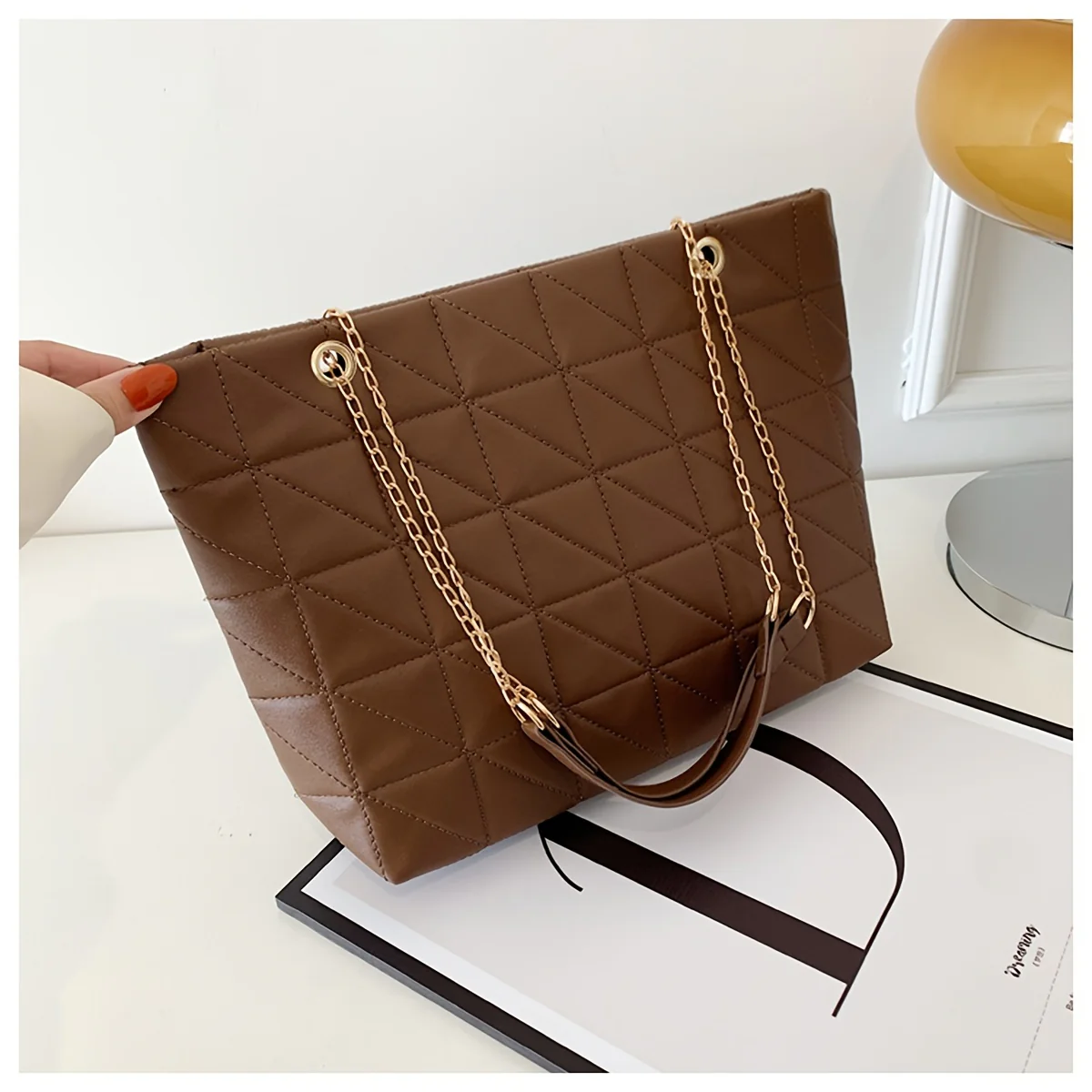 deanwangkt  Square Seam Pattern Tote Bag, Faux Leather Golden Chain Straps Handbag, Zipper Plaid Large Capacity Bag, Women's Bags - Deanwangkt