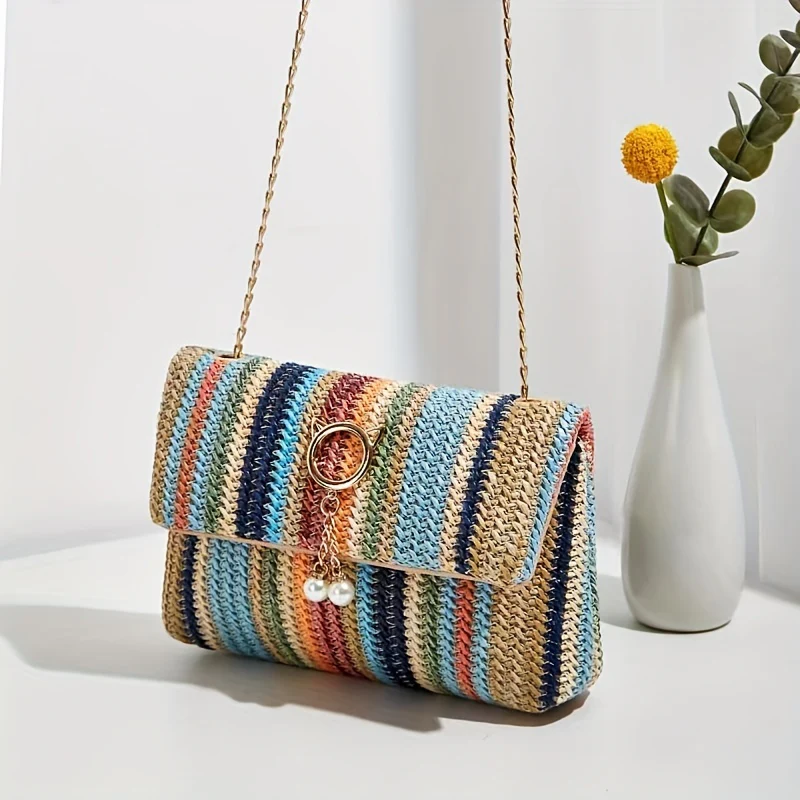 deanwangkt-1  Rainbow Straw Woven Beach Bag, Fashion Chain Crossbody Bag, Colorful Stripes Square Purse - Deanwangkt