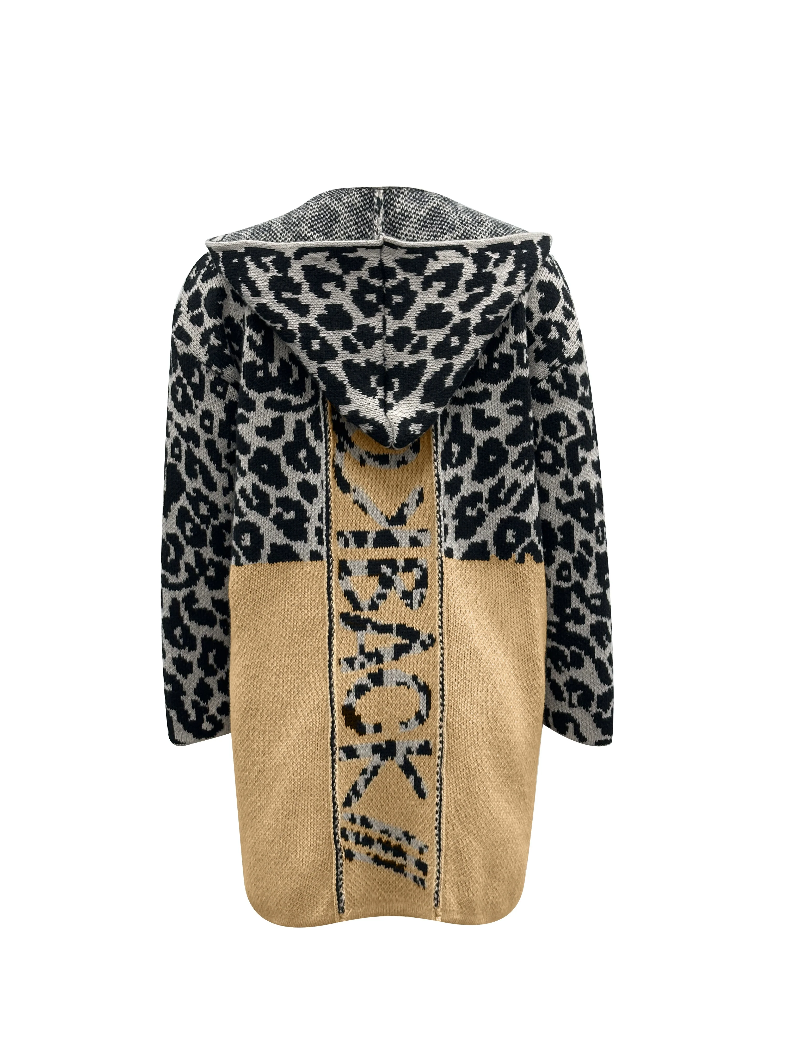 deanwangkt-1  Letter & Leopard Pattern Knit Hooded Cardigan, Casual Open Front Long Sleeve Outerwear With Pocket, Women's Clothing - Deanwangkt