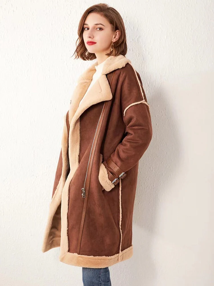 Black Friday Sales Autumn Winter Women Faux Suede Leather Fur Long Jacket Streetwear Female Moto Biker Brown Coat Lady Thick Warm Outwear - Deanwangkt