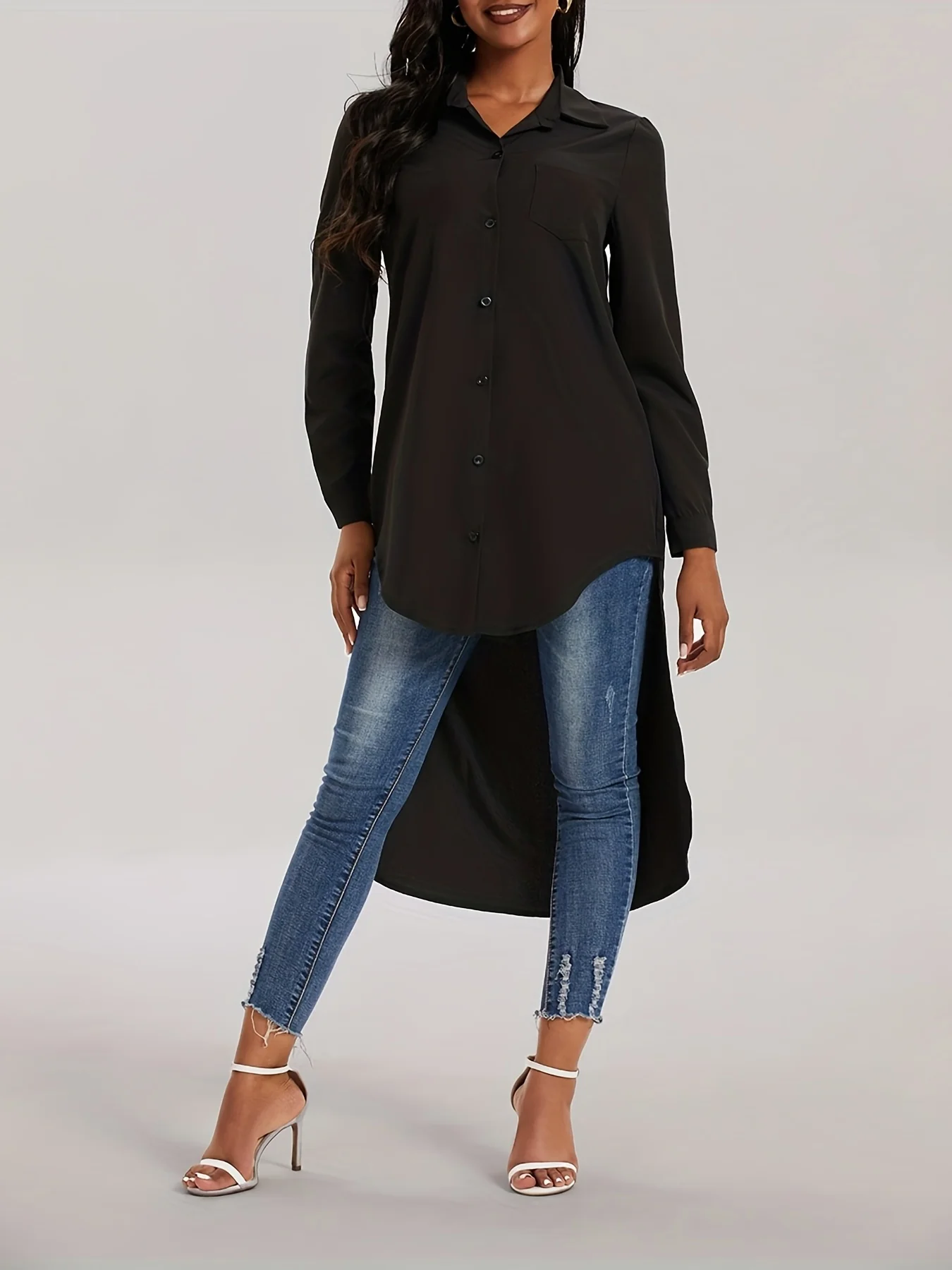 Solid Long Sleeve Button Down Lapel Irregular Hem Shirt, Elegant Pockets Stylish Comfy Shirt, Women's Clothing - Deanwangkt