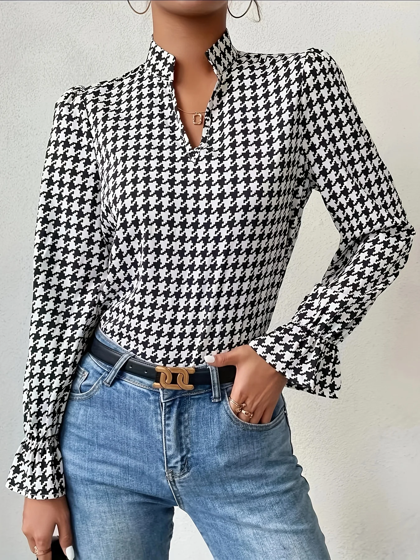 Houndstooth Print Notch Neck Blouse, Elegant Ruffle Trim Lantern Sleeve Blouse For Spring & Fall, Women's Clothing - Deanwangkt