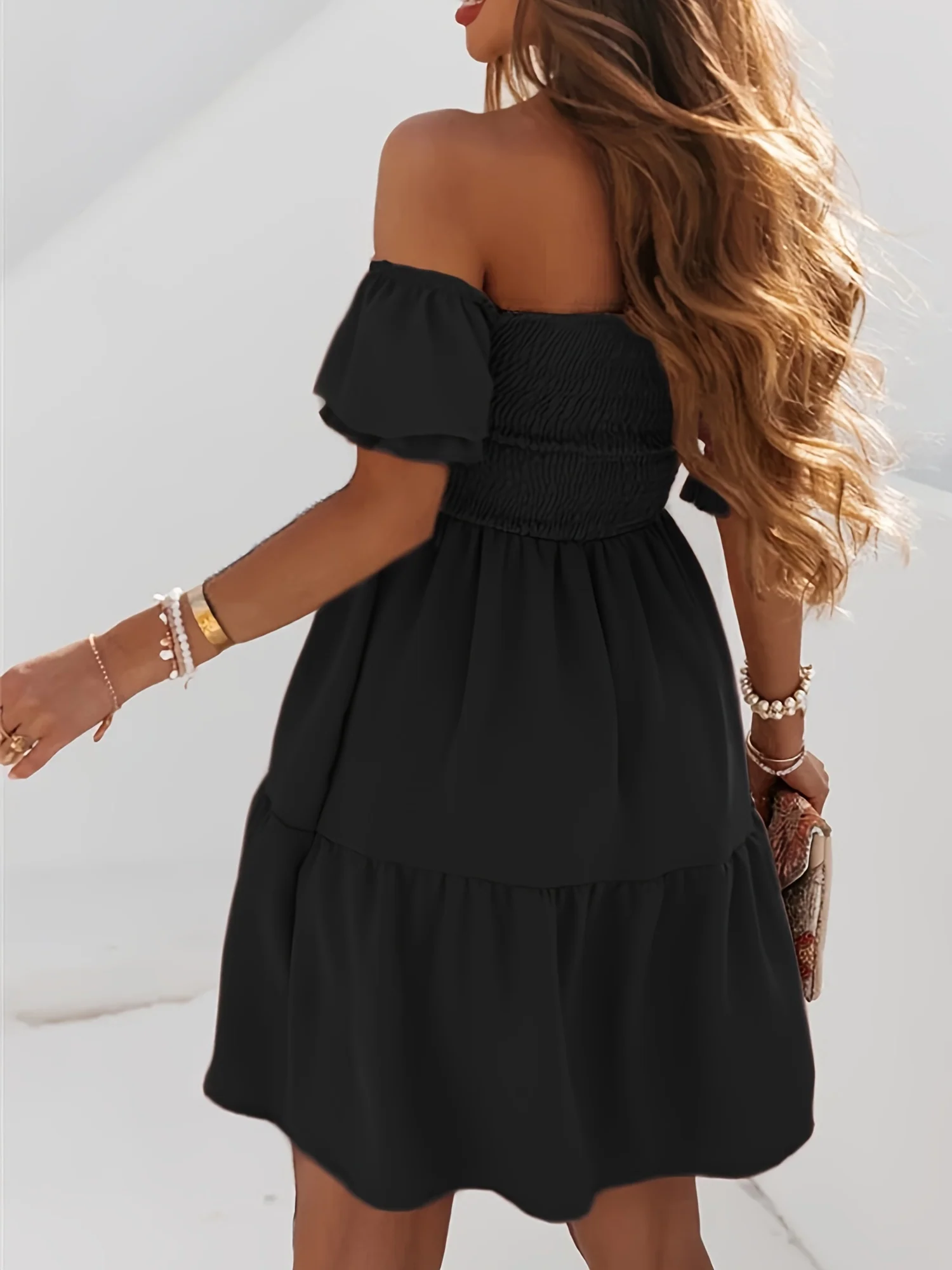 deanwangkt-1 Off Shoulder Shirred Dress, Elegant Ruffle Hem Short Sleeve Dress, Women's Clothing - Deanwangkt