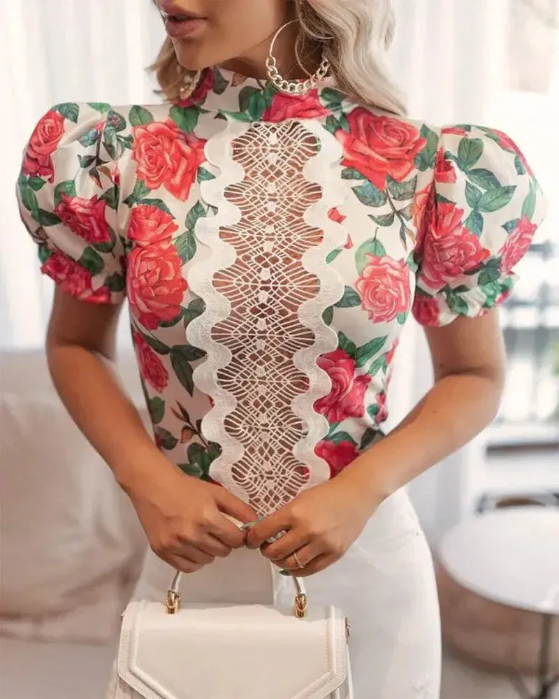 Deanwangkt - Floral-print guipure lace puff-sleeve top - Deanwangkt