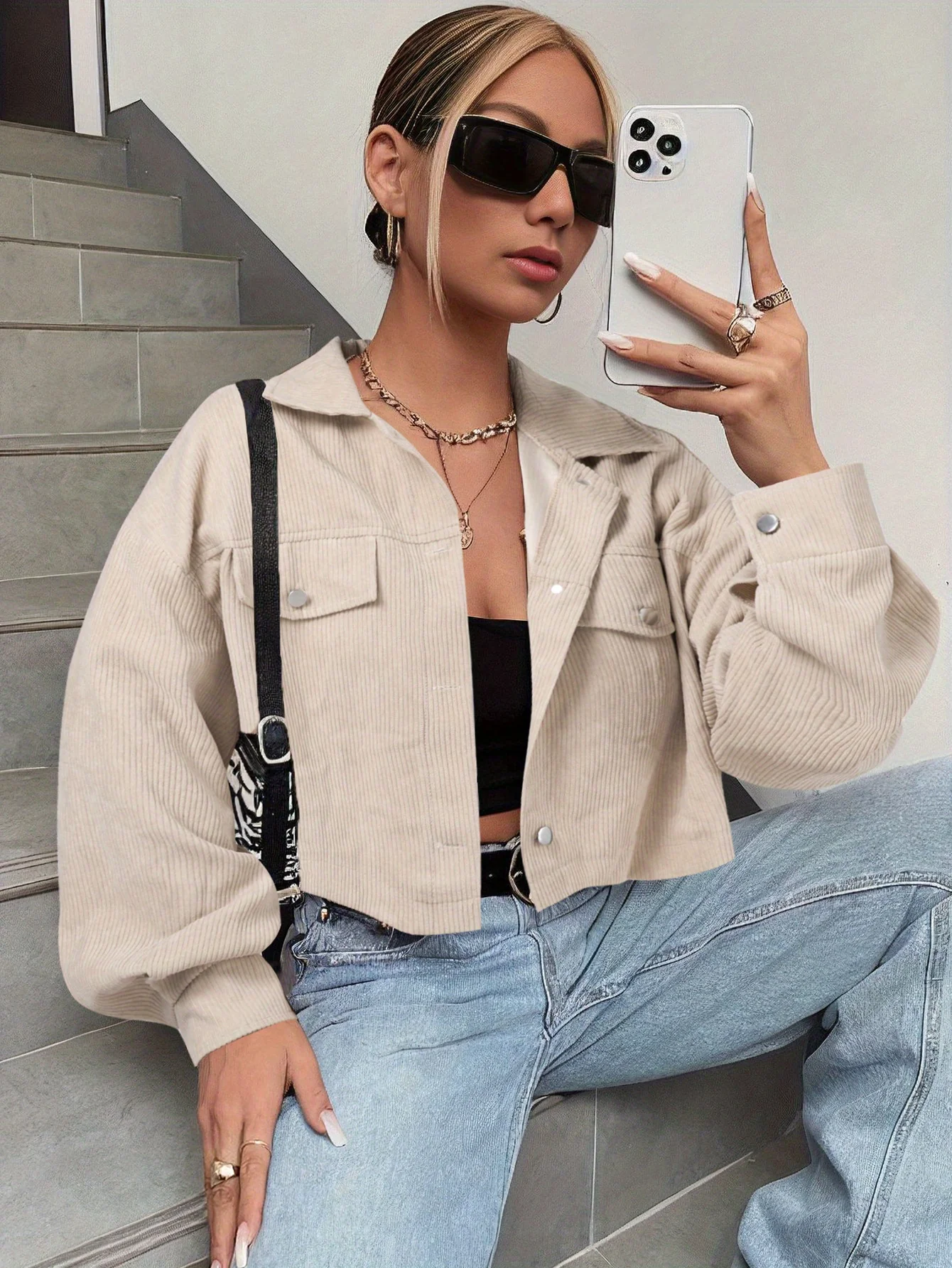 deanwangkt-1  Button Front Flap Pockets Crop Jacket, Casual Long Sleeve Jacket For Fall & Winter, Women's Clothing - Deanwangkt