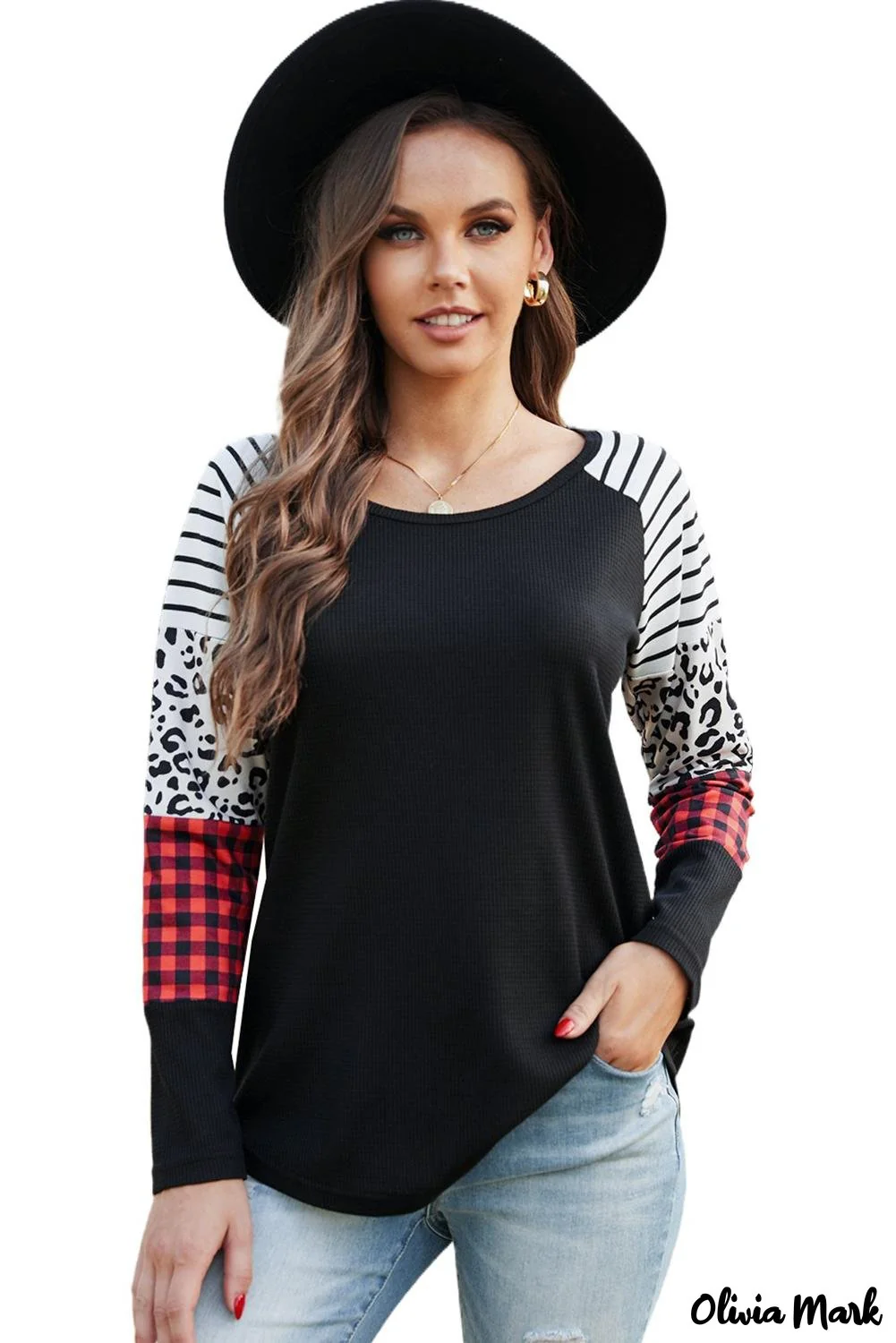 Deanwangkt - Black Waffle Knit Printed Crew Neck Blouse - Deanwangkt