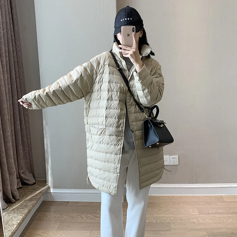Black Friday Sales Ailegogo Casual Female Ultra Light White Duck Down Long Jacket Autumn Women Lightweight Loose Warm Down Parka Chic Outwear - Deanwangkt