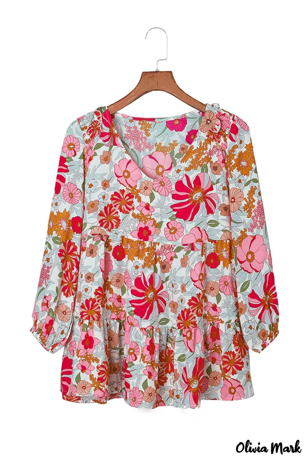 Deanwangkt - Floral Print Ruched Babydoll V-Neck Blouse - Deanwangkt
